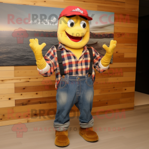 Gold Lobster mascot costume character dressed with a Flannel Shirt and Caps