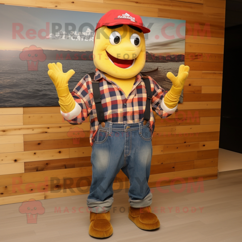 Gold Lobster mascot costume character dressed with a Flannel Shirt and Caps Gold Lobster mascot costume character dressed with a Flannel Shirt and Caps