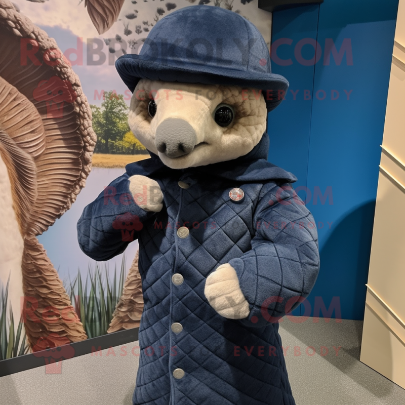 Navy Pangolin mascot costume character dressed with a Turtleneck and Hat pins