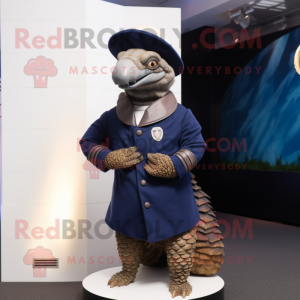 Navy Pangolin mascot costume character dressed with a Turtleneck and Hat pins