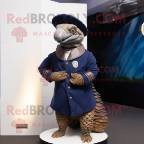 Navy Pangolin mascot costume character dressed with a Turtleneck and Hat pins