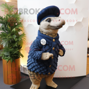 Navy Pangolin mascot costume character dressed with a Turtleneck and Hat pins