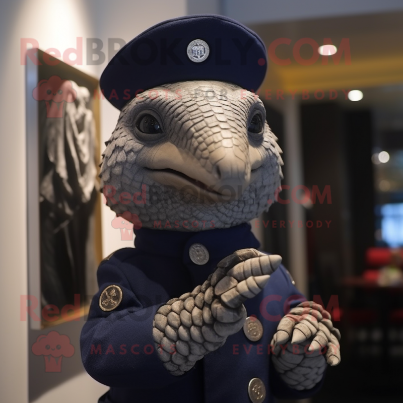 Navy Pangolin mascot costume character dressed with a Turtleneck and Hat pins