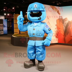 Sky Blue American Soldier mascot costume character dressed with a Leather Jacket and Foot pads