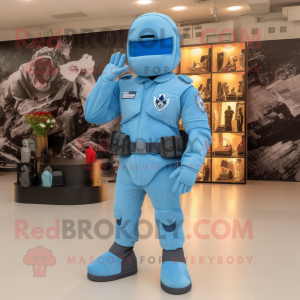 Sky Blue American Soldier mascot costume character dressed with a Leather Jacket and Foot pads