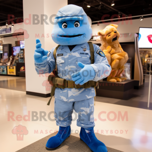 Sky Blue American Soldier mascot costume character dressed with a Leather Jacket and Foot pads