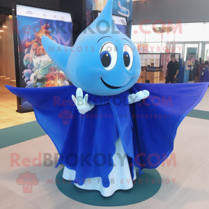 Blue Manta Ray mascot costume character dressed with a Wrap Skirt and Shawls