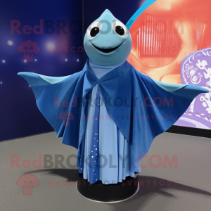 Blue Manta Ray mascot costume character dressed with a Wrap Skirt and Shawls