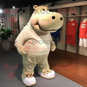 Beige Hippopotamus mascot costume character dressed with a Polo Tee and Shoe laces