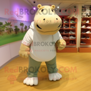 Beige Hippopotamus mascot costume character dressed with a Polo Tee and Shoe laces