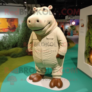 Beige Hippopotamus mascot costume character dressed with a Polo Tee and Shoe laces