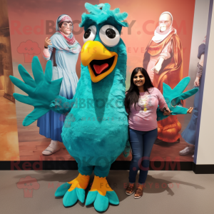 Teal Tandoori Chicken mascot costume character dressed with a Mom Jeans and Shawl pins