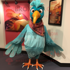 Teal Tandoori Chicken mascot costume character dressed with a Mom Jeans and Shawl pins