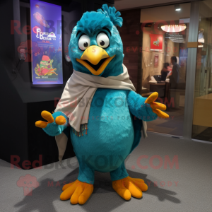 Teal Tandoori Chicken mascot costume character dressed with a Mom Jeans and Shawl pins