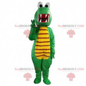 Mascote dragão verde e amarelo, fantasia de crocodilo -