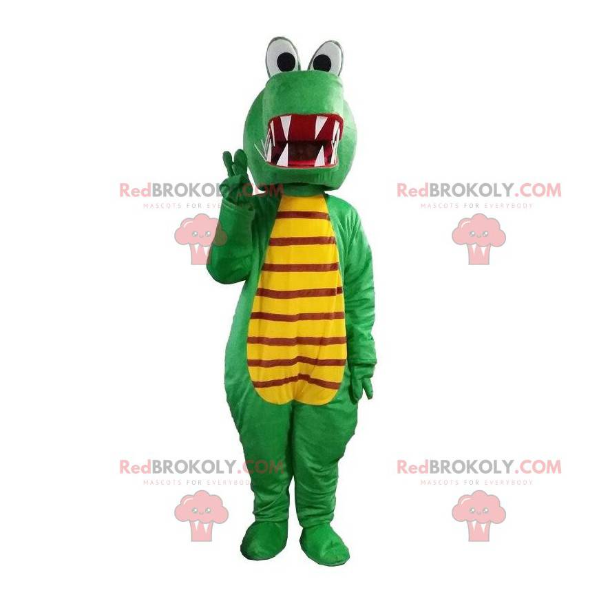 Mascota dragón verde y amarillo, disfraz de cocodrilo -