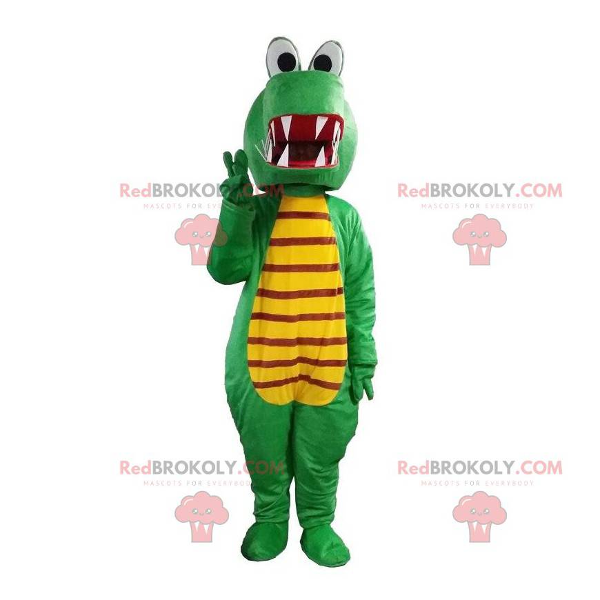 Mascotte de dragon vert et jaune, costume de crocodile -