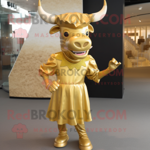 Gold Bull mascot costume character dressed with a Shift Dress and Shoe laces