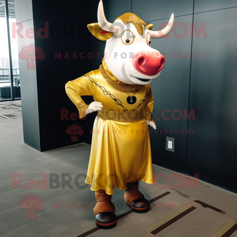 Gold Bull mascot costume character dressed with a Shift Dress and Shoe laces