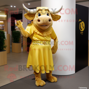 Gold Bull mascot costume character dressed with a Shift Dress and Shoe laces