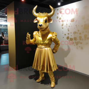 Gold Bull mascot costume character dressed with a Shift Dress and Shoe laces