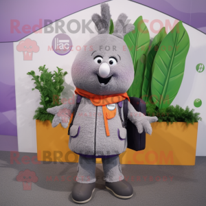Gray Carrot mascot costume character dressed with a Windbreaker and Wallets