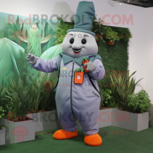 Gray Carrot mascot costume character dressed with a Windbreaker and Wallets