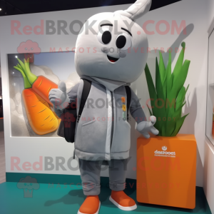 Gray Carrot mascot costume character dressed with a Windbreaker and Wallets