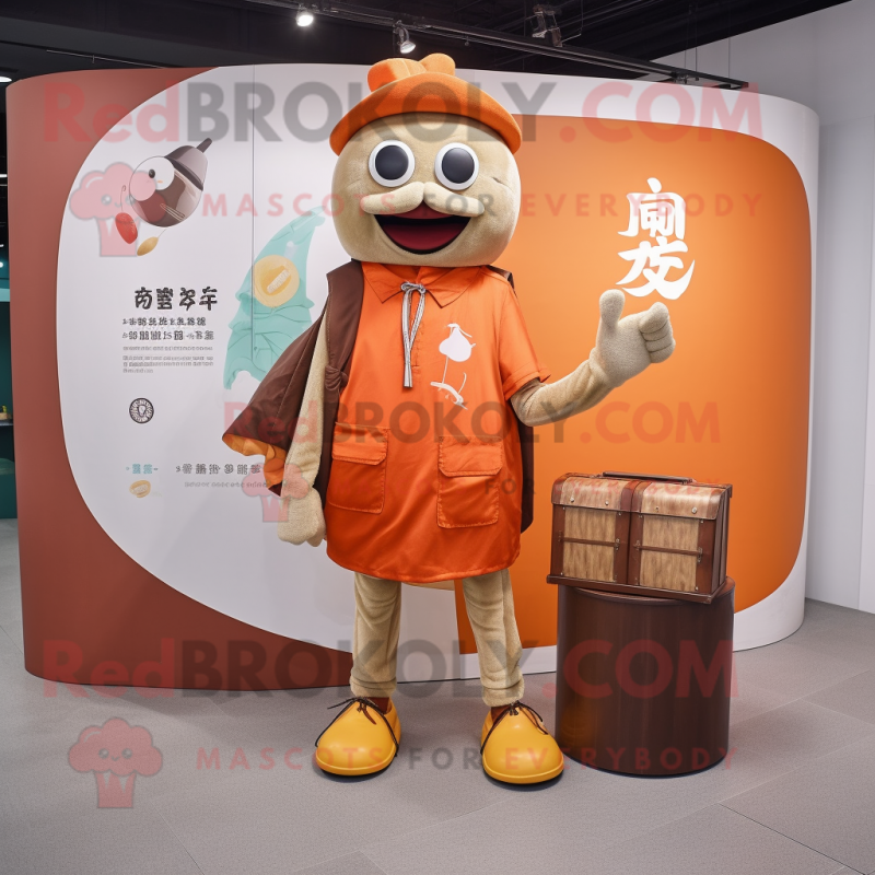 Rust Mandarin mascot costume character dressed with a Henley Tee and Wallets