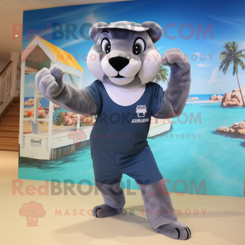 Gray Puma mascot costume character dressed with a Swimwear and Shoe clips Gray Puma mascot costume character dressed with a Swimwear and Shoe clips