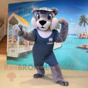 Gray Puma mascot costume character dressed with a Swimwear and Shoe clips