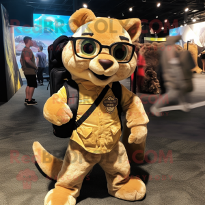 Gold Jaguarundi mascot costume character dressed with a Cargo Pants and Eyeglasses