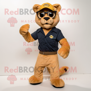 Gold Jaguarundi mascot costume character dressed with a Cargo Pants and Eyeglasses