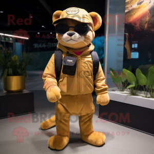 Gold Jaguarundi mascot costume character dressed with a Cargo Pants and Eyeglasses