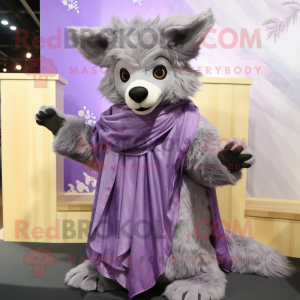 Lavender Hyena mascot costume character dressed with a Wrap Skirt and Shawls