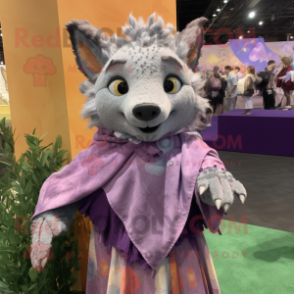 Lavender Hyena mascot costume character dressed with a Wrap Skirt and Shawls