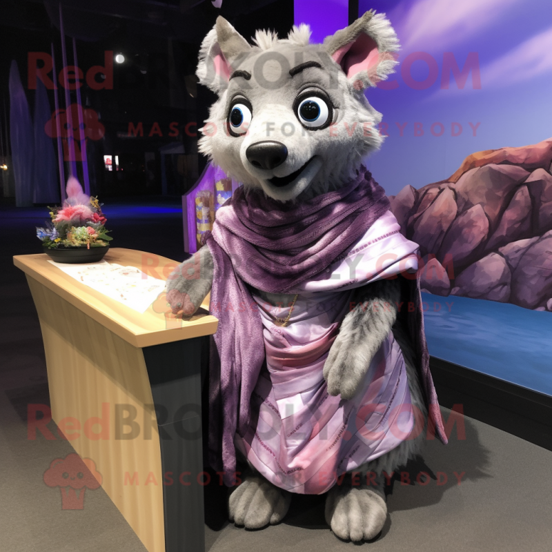 Lavender Hyena mascot costume character dressed with a Wrap Skirt and Shawls