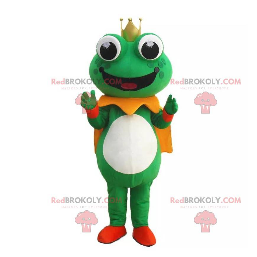 Grünes Froschmaskottchen mit einer Krone und einem Umhang -
