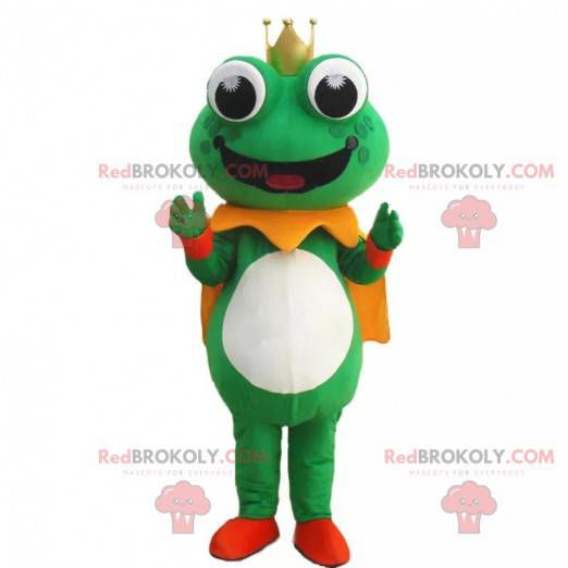 Mascota de la rana verde con una corona y una capa -
