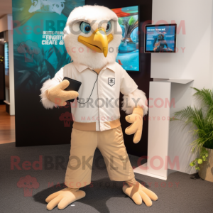 Beige Haast'S Eagle mascot costume character dressed with a Capri Pants and Smartwatches