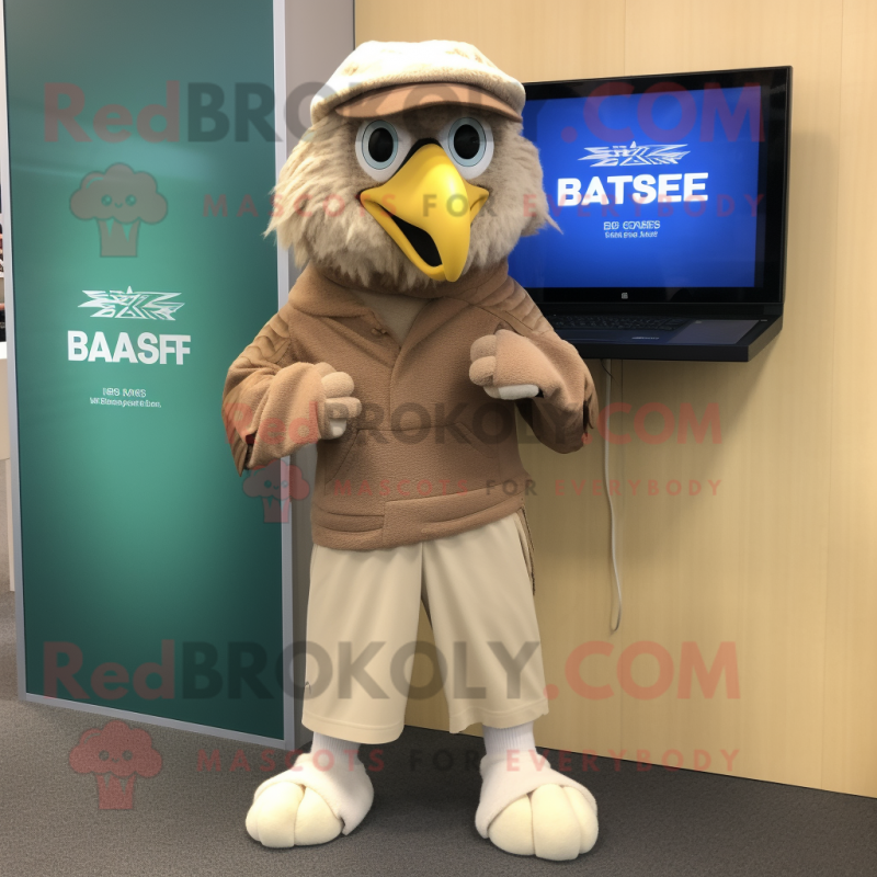 Beige Haast'S Eagle mascot costume character dressed with a Capri Pants and Smartwatches