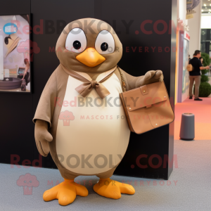 Tan Penguin mascot costume character dressed with a Blouse and Clutch bags