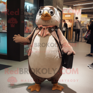 Tan Penguin mascot costume character dressed with a Blouse and Clutch bags