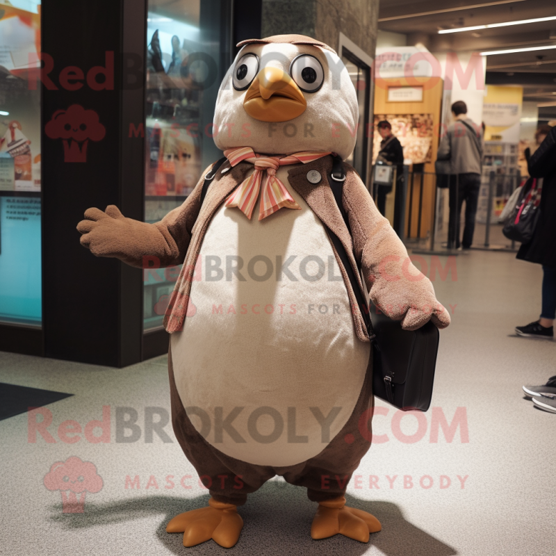 Tan Penguin mascot costume character dressed with a Blouse and Clutch bags