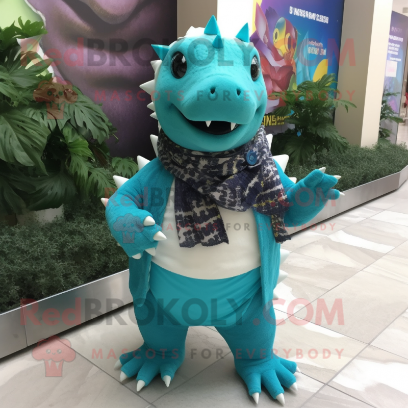 Turquoise Ankylosaurus mascot costume character dressed with a Chinos and Scarf clips