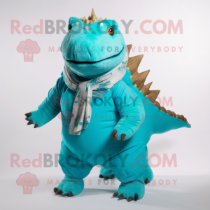 Turquoise Ankylosaurus mascot costume character dressed with a Chinos and Scarf clips