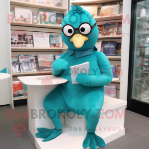 Teal Dove mascot costume character dressed with a Bodysuit and Reading glasses