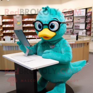 Teal Dove mascot costume character dressed with a Bodysuit and Reading glasses