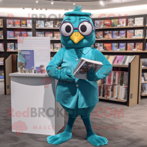 Teal Dove mascot costume character dressed with a Bodysuit and Reading glasses