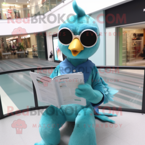 Teal Dove mascot costume character dressed with a Bodysuit and Reading glasses